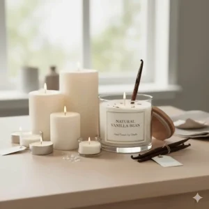 Collection of different types and sizes of vanilla scented candles, including pillar, votive, and glass jar options, for various uses.