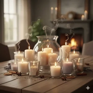 Beautiful centerpiece arrangement of multiple scented votive candles in different heights, ideal for a wedding or dinner party.