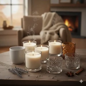 Display of five small votive candles alongside various glass and ceramic votive holders, emphasizing the need for a proper container.