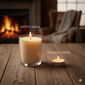 Comparison image showing the difference in size and height between a votive candle and a smaller tealight candle.