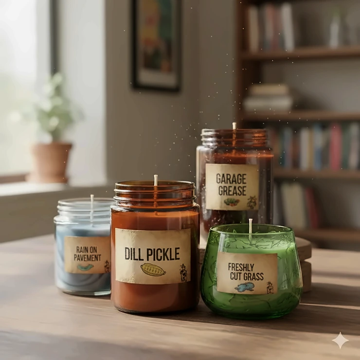 A collection of unusual candles with weird candle scents, including one labeled 'Dill Pickle' and another 'Freshly Cut Grass', showcasing the unexpected fragrances available.