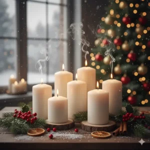 Tall pillar candles with warm, lingering scents that complement the fresh aroma of a Christmas tree.