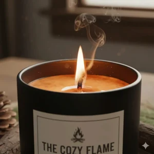 Detail shot of the wood wick crackling on the campfire scented candle, highlighting the authentic burning experience.