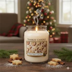 The cream-colored Yankee Candle Christmas Cookie jar, featuring a sweet, buttery vanilla fragrance for the holiday season.