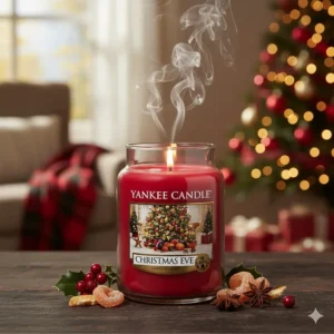 The red jar of the popular Yankee Candle Christmas Eve scent, a festive mix of sugared plums and candied fruits.