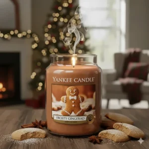 A festive Yankee Candle in the sweet and spicy Frosty Gingerbread scent, essential for Christmas baking aromas.