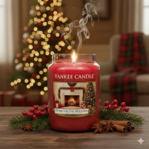 The iconic red Home for the Holidays jar Yankee Candle, known for its cozy blend of pine, spice, and woody notes for Christmas.