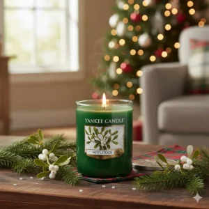 A glass tumbler Yankee Candle candle in the deep green Mistletoe scent, capturing the fresh aroma of Christmas.