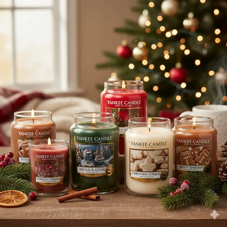 An array of popular Yankee Candle scents for Christmas including Balsam & Cedar, Christmas Cookie, and Home for the Holidays, set on a festive holiday background.