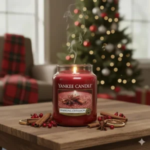 The red jar of the Yankee Candle Sparkling Cinnamon scent, a classic spicy fragrance perfect for Christmas.