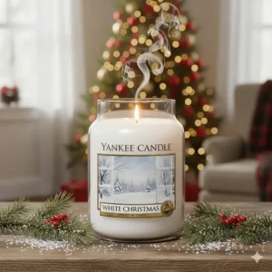 The clean, white Yankee Candle White Christmas jar, a fresh scent with a hint of pine, evoking a snowy Christmas morning.