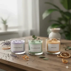 An arrangement of three mini aromatherapy scented candles featuring lavender, eucalyptus, and citrus fragrances.