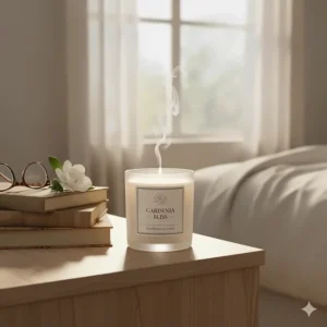 A small gardenia scented candle sitting on a bedside nightstand next to a stack of books.