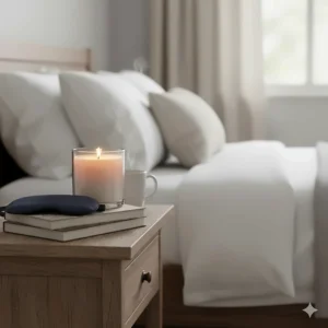 A calming large scented candle placed on a wooden nightstand next to a book and a sleep mask.