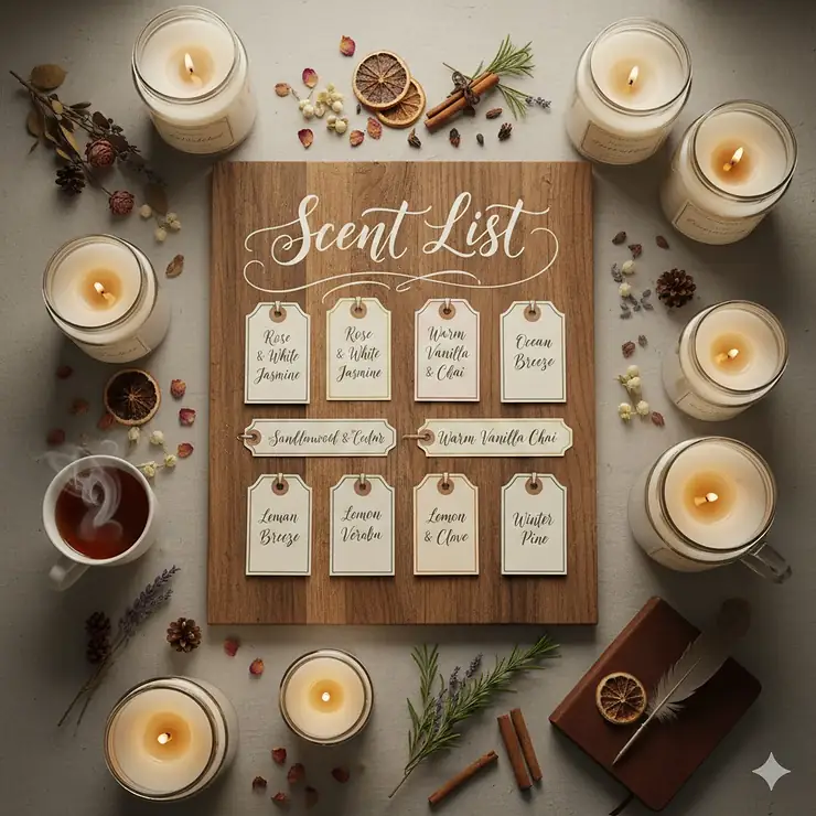 A beautiful, aesthetically pleasing display of various glass jar candles and dried botanicals, symbolizing a comprehensive candle scent list for home fragrance options.