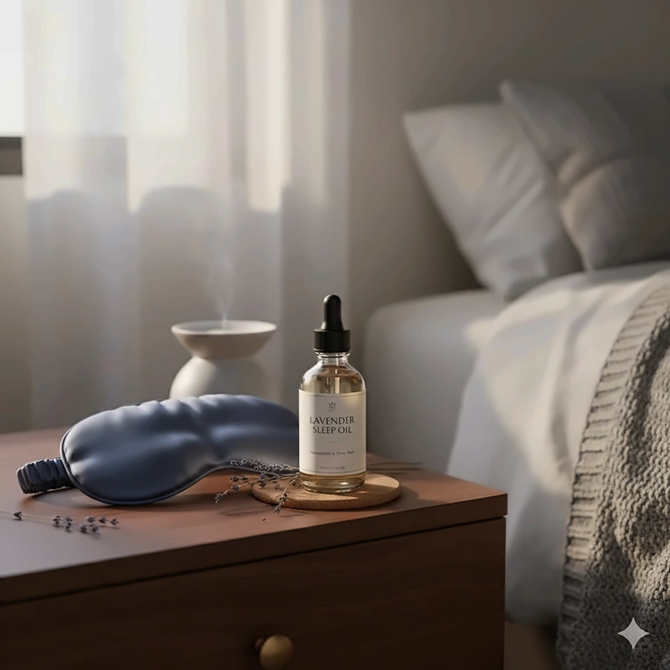 A glass bottle of the best lavender essential oil for sleep placed on a nightstand next to a silk eye mask.