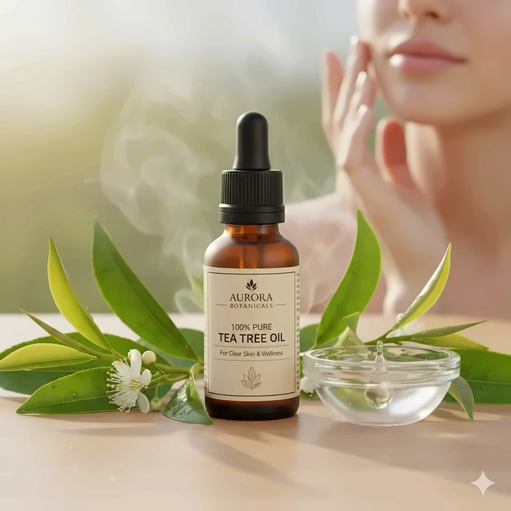 A bottle of the best tea tree oil for acne treatment surrounded by fresh green tea tree leaves on a clean surface.