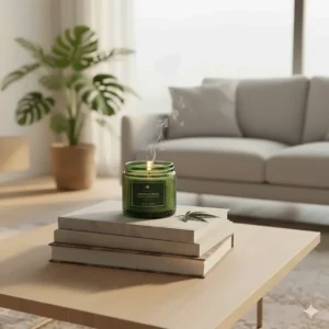 The best weed scented candle used as a piece of subtle home decor in a modern living room setting.