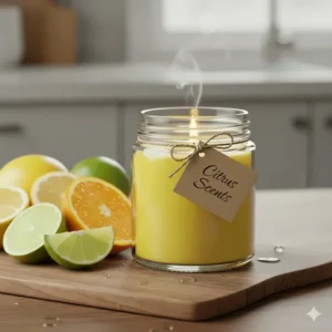 Sliced lemons, limes, and oranges next to a bright, yellow-colored candle, visualizing the refreshing citrus candle scents.