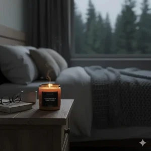 A warm glowing cedar scented candle placed on a nightstand to create a relaxing bedroom atmosphere.