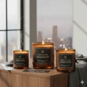 A product shot comparing the different sizes (small, medium, large) of our popular cologne scented candles, helping customers choose the best volume for their needs.