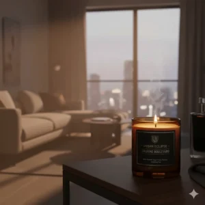 A slightly blurred, atmospheric image of a room filled with the warm glow and strong scent throw of a burning cologne scented candle.
