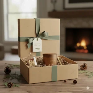 A beautifully wrapped gift box containing a premium cedar scented candle and matches.