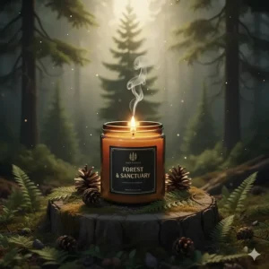 A cedar scented candle set against a backdrop of a misty evergreen forest to illustrate its woodsy scent.