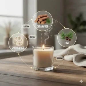 Infographic showing the scent profile of cedar scented candles with notes of sandalwood and pine.