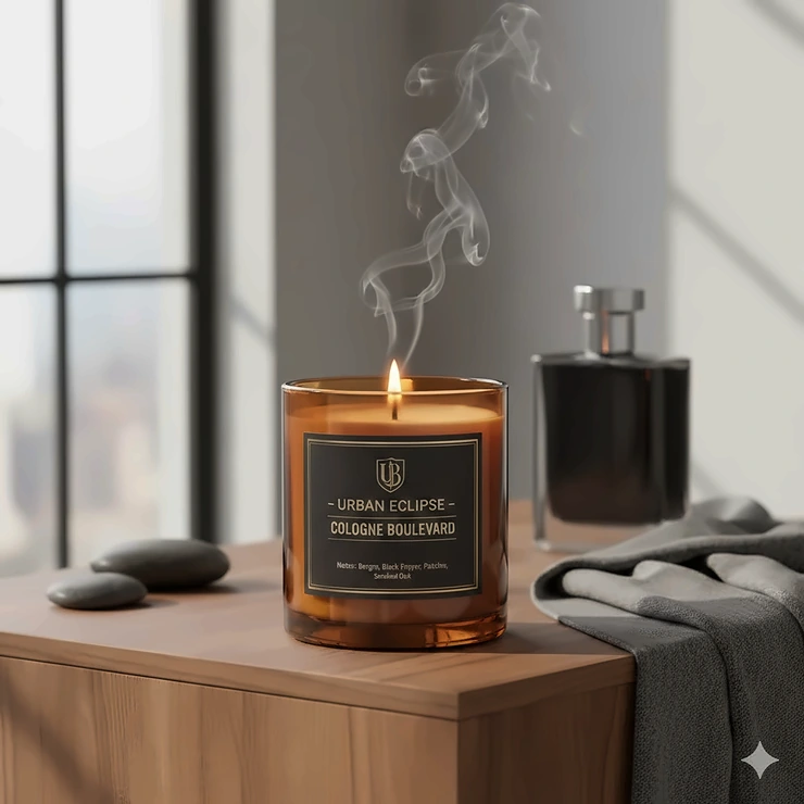 A luxurious, featured image of an amber glass cologne scented candle burning brightly, with a sophisticated bottle of men's fragrance in the background, highlighting the aromatic experience. cologne scented candles