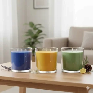 Collection of three different colored large 3 wick scented candles sitting side-by-side.