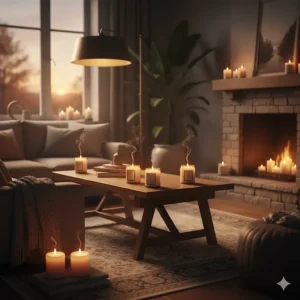 Digital illustration of a warm living room interior enhanced by the glow of multiple wood scented candles.