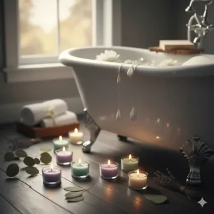 Decorative small scented candles in tealight form, placed around a bathtub for a relaxing spa experience.