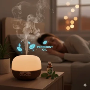 An ultrasonic diffuser emitting a cool mist of peppermint oil to help alleviate migraine symptoms in a dark room.