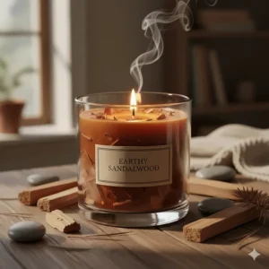 Illustration of aged sandalwood and cedar chips, symbolizing the warm, earthy fragrance that makes this a most popular candle scent option.