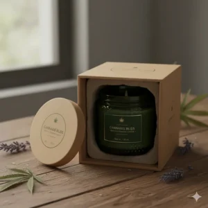 Display of the attractive, eco-friendly packaging box for the new weed scented candle line.