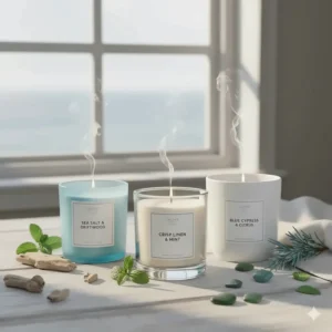 Selection of fresh and aquatic men's candles with invigorating scents like sea salt, crisp linen, and blue cypress to refresh any space.