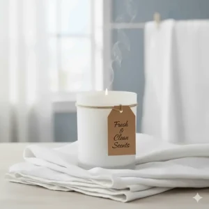 A clean, white candle on folded linen fabric, representing the fresh and clean scents found on a candle scent list.