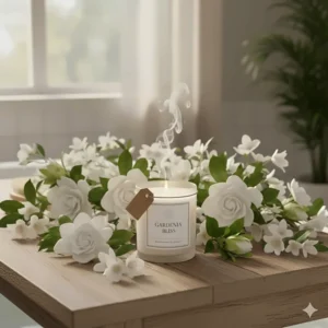An aesthetic arrangement of a soy gardenia scented candle surrounded by blooming jasmine and gardenia flowers.