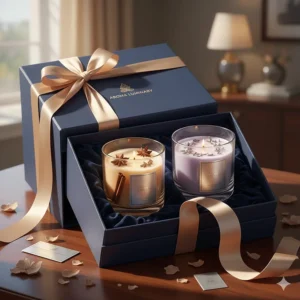 An elegant gift box containing premium large scented candles wrapped with a silk ribbon.