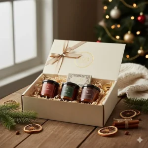 A beautifully packaged gift set of small scented candles, perfect for a housewarming or holiday present.