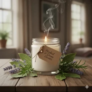 Sprigs of fresh lavender and rosemary next to a candle, illustrating the natural herbal and green candle scents.