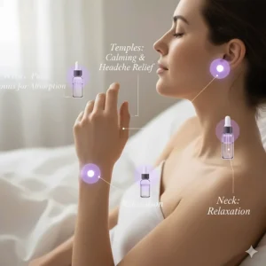 Diagram showing where to apply lavender essential oil for sleep, including wrists and temples.