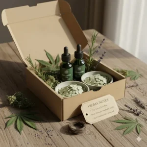 A display of natural herbal notes and essential oils like patchouli and cedarwood used to create the weed scented candle aroma.