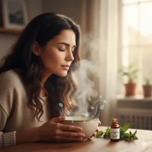 A person leaning over a bowl of hot water with peppermint oil drops to soothe a tension headache.