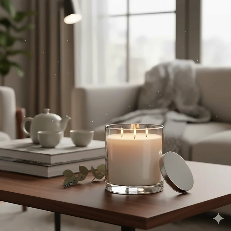 A large 3 wick scented candle, beautifully lit and placed on a coffee table as elegant home decor.