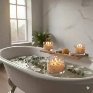 Three large scented candles lit next to a bathtub with eucalyptus and spa accessories for a relaxing atmosphere.