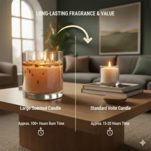 A comparison chart showing the long burn time of large scented candles versus standard votive candles.