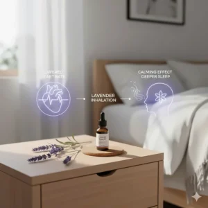 Infographic showing how lavender oil inhalation lowers heart rate and prepares the body for sleep.