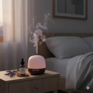 An ultrasonic diffuser emitting mist with lavender essential oil in a dimly lit cozy bedroom.